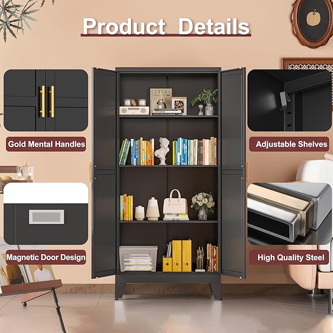 Metal Pantry Cabinet with 2 Doors and Adjustable Shelves, Kitchen Storage - Image 4