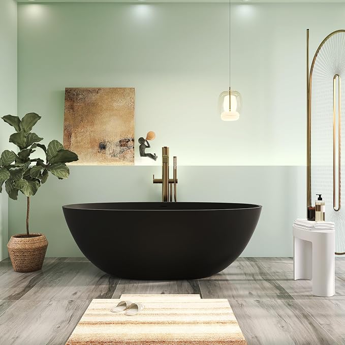 65" Premium Matte Black Solid Surface Freestanding Bath Tub, Oval Stone Resin by HIGEINE