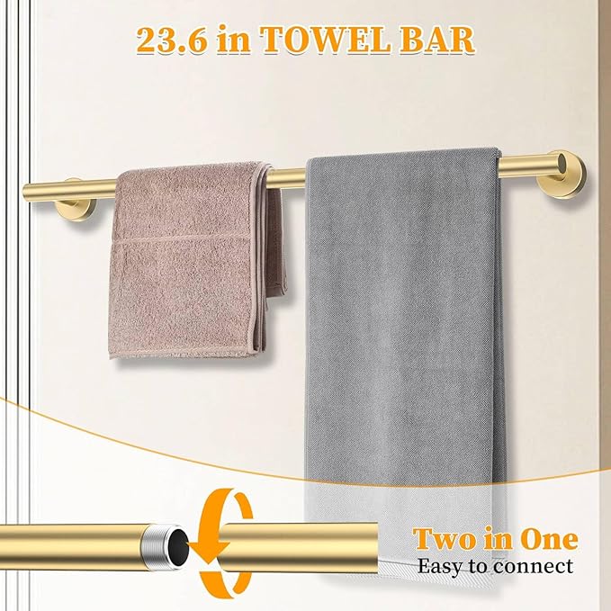 Brushed Gold Towel Bar Set 10 Pieces Round Bathroom Hardware Set Includes - Image 2
