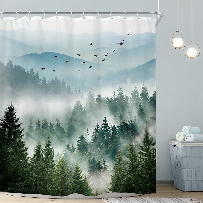 Riyidecor Long Green Shower Curtain 72Wx78H Inch Mountain Scenery Natural Pine - Image 2