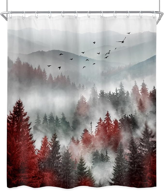 Riyidecor Red Black Mountain Shower Curtain 60Wx72H Inch Nature Woods Scenery - Image 7
