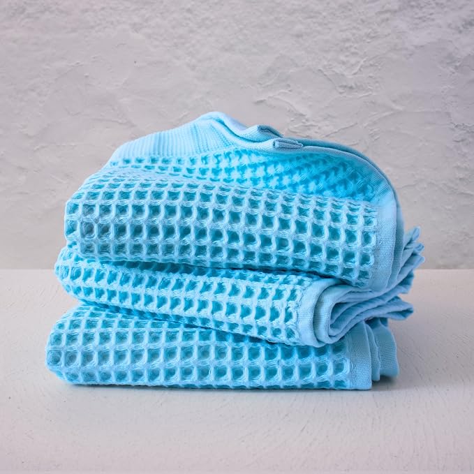 PÜSKÜL Organic Waffle Kitchen Towel 100% Turkish Cotton Set of 3 Turquoise - Image 5