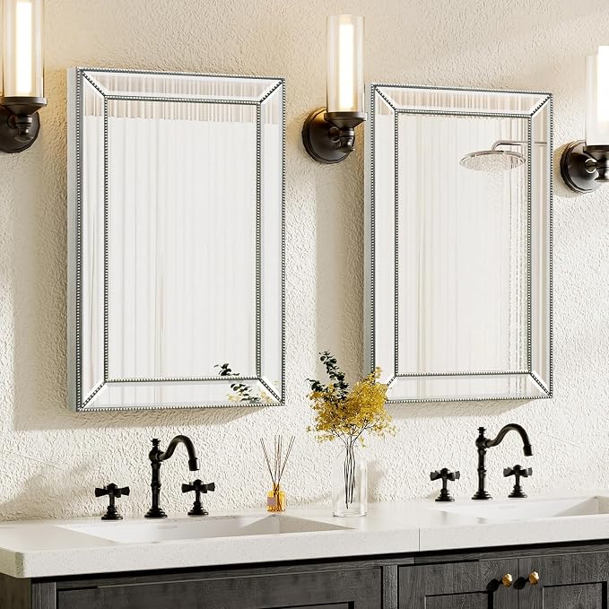 Bathroom Medicine Cabinet with Silver Metro Beaded Wooden Frame, 20x32 Inch - Image 2
