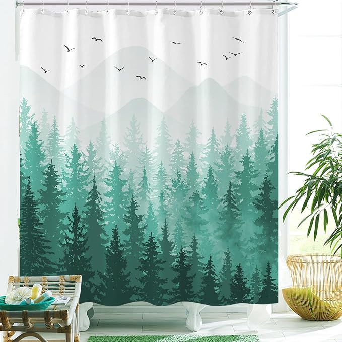 Aipon Teal Misty Forest Shower Curtain Ombre Nature Tree Plants Shower Curtains - Image 5