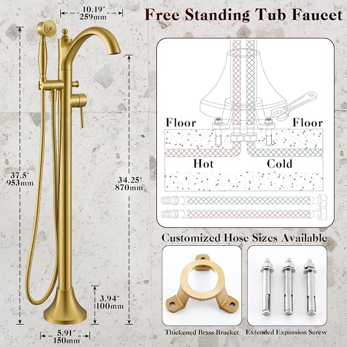 Free Standing Tub Faucet, Brushed Gold Classic Freestanding Bathtub Faucet - Image 6