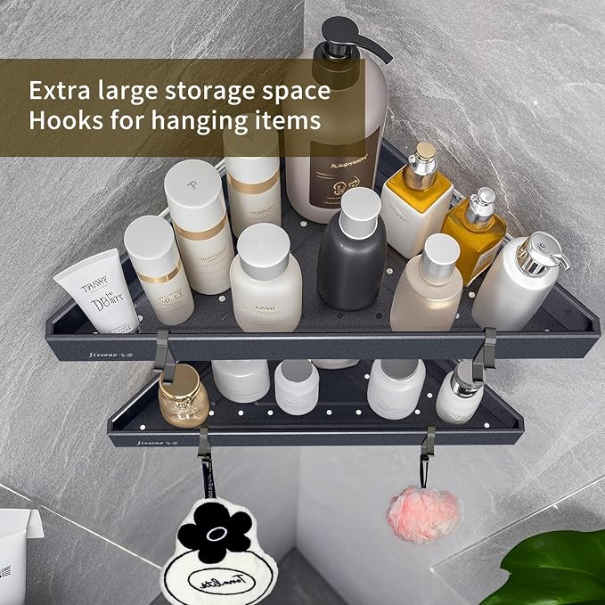 Corner Shower Shelves with Hooks, Rustproof Metal 2-Tier Shower Corner Caddy - Image 3