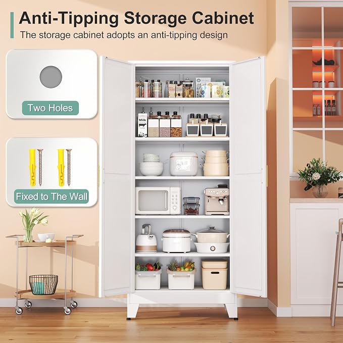Metal Pantry Cabinet with 2 Doors and 5 Adjustable Shelves, Versatile Storage - Image 6