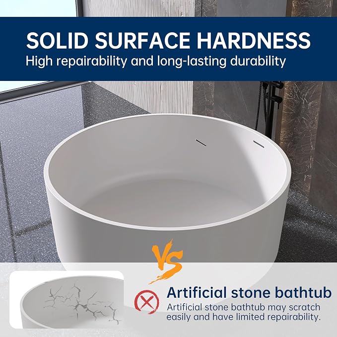 49'' Round Soaking Bathtub Resin Stone Freestanding Bathtub Soaking Deep Tub - Image 5