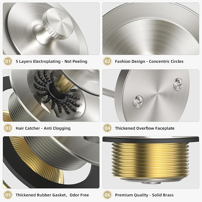 Brushed Nickel Bathtub Drain, Hair Catcher and 2-Hole Overflow Faceplate - Image 4