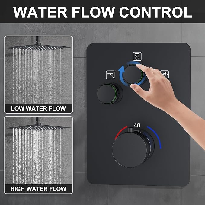 KOJOX Matte Black Thermostatic Shower System, Push Button Diverter Shower - Image 4