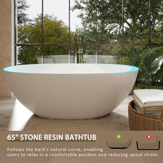 Abruzzo 65" Glossy White Freestanding Solid Surface Bathtub, Luxury Handcrafted - Image 4