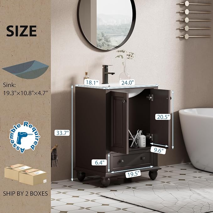eclife 24" Bathroom Vanity Sink Combo Vintage Style - Image 2