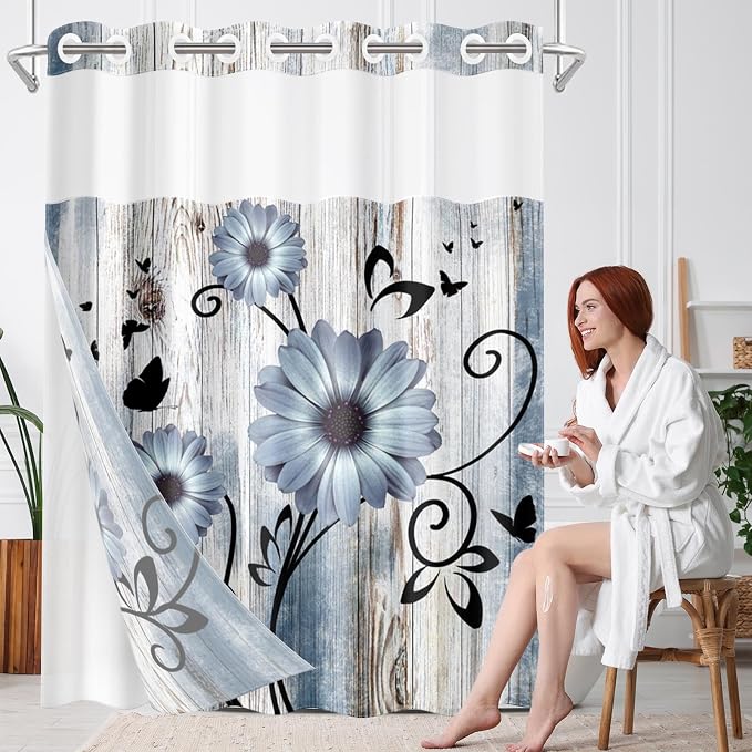 No Hook Blue Flower Shower Curtain - Image 8