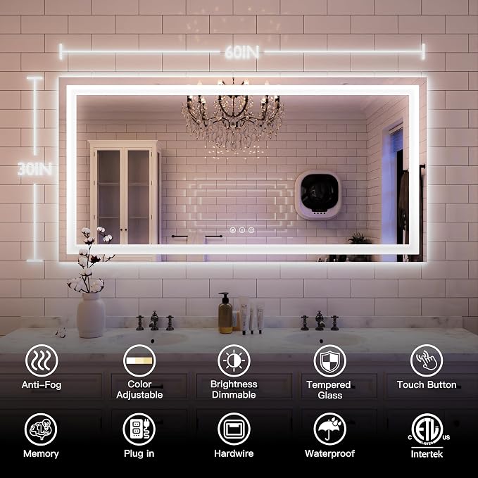 ISKM 60'' x 30'' LED Mirror for Bathroom Lighted Vanity Mirror for Wall Front - Image 7