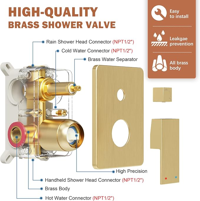 Shower System, Wall Mounted High-Pressure Showerhead Combo Set Included Valve - Image 6