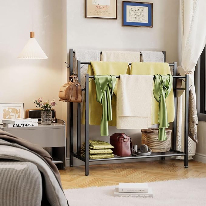 3 Tier Towel Rack with Large Storage & 6 Hooks, Blanket Rack - Image 7