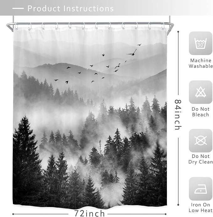 Riyidecor Extra Long Black and White Shower Curtain 72Wx84H Inch Misty Nature - Image 5