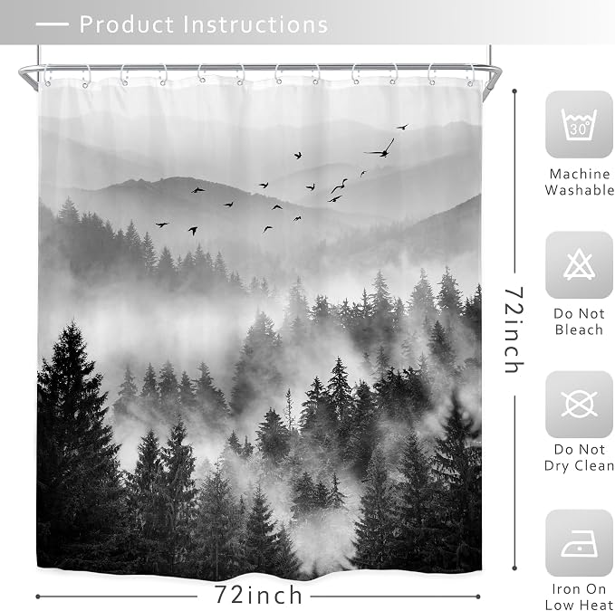 Riyidecor Black and White Shower Curtain 72Wx72H Inch Mountain Scenery Nature - Image 5