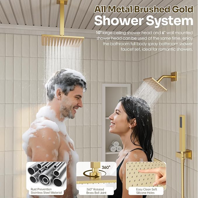 Gold Shower Faucet Set, Brushed Gold Shower System, Dual Gold Shower Head - Image 3
