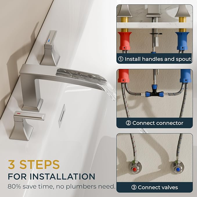 FORIOUS Waterfall Bathtub Faucet Set 3 Hole Brushd Nickel, 2 Handle Deck Mount - Image 3
