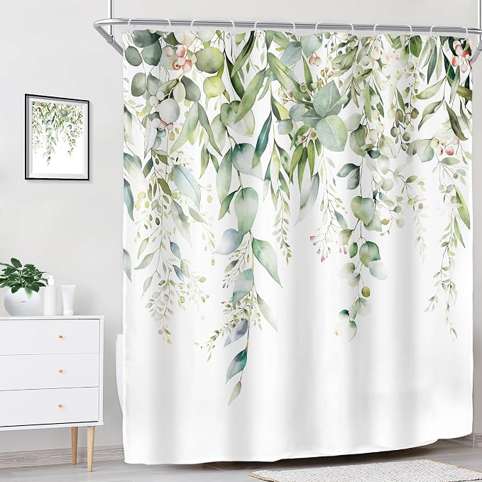 Riyidecor Sage Green Eucalyptus Leaves Shower Curtain - Image 2