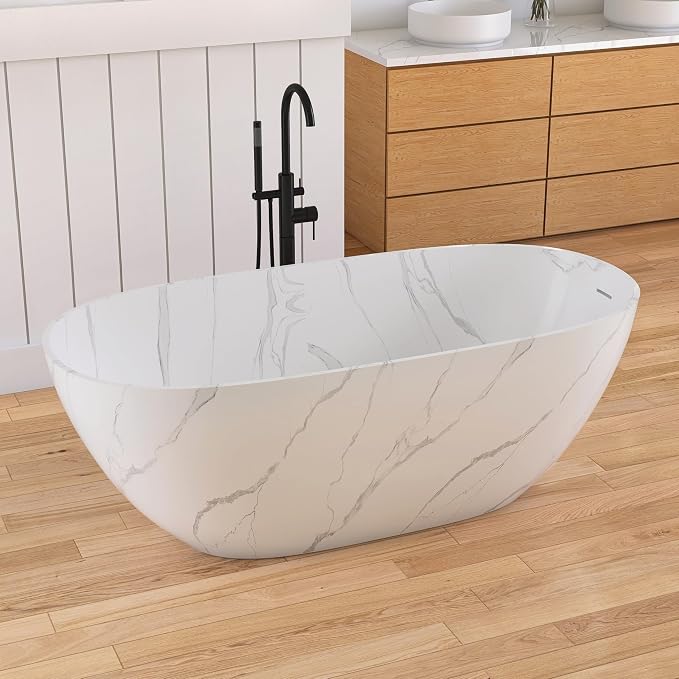 63 '' Stone Resin Freestanding Bathtub, Elegant Oval Shape Soaking Tub - Image 5