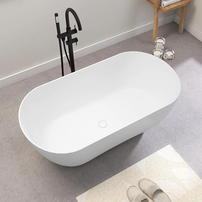 SJ STAR&JANE 51" Solid Surface Freestanding Bathtub, Matte White Oval Soaking - Image 7