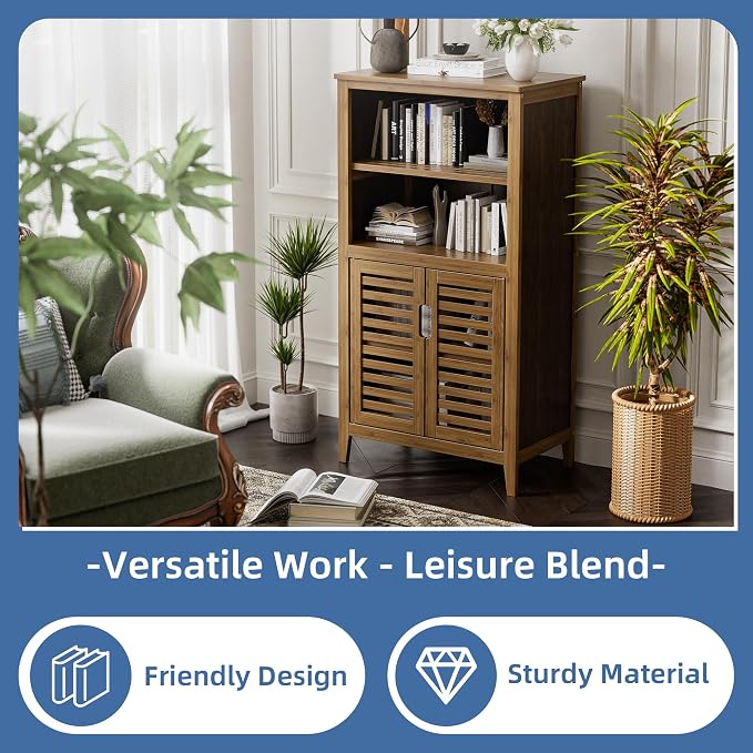 HITNET Walnut Bathroom Floor Cabinet, Bamboo Side Tall Storage Organizer - Image 4