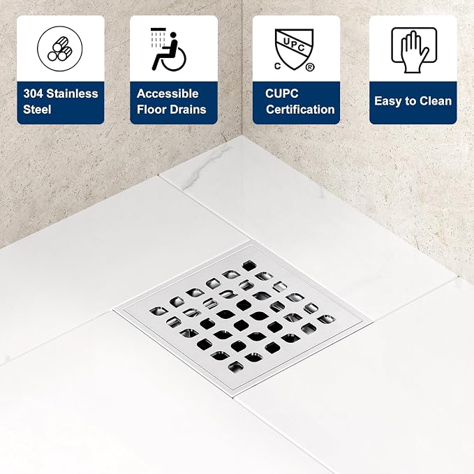 Neodrain Square Shower Drain, 4 inch Stainless Steel 304 Grate and PVC Drain - Image 5