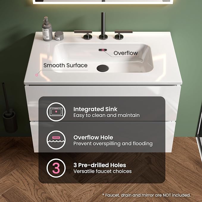 30" Bathroom Vanity with Sink, Modern Floating Vanity with Double Soft Closing - Image 4