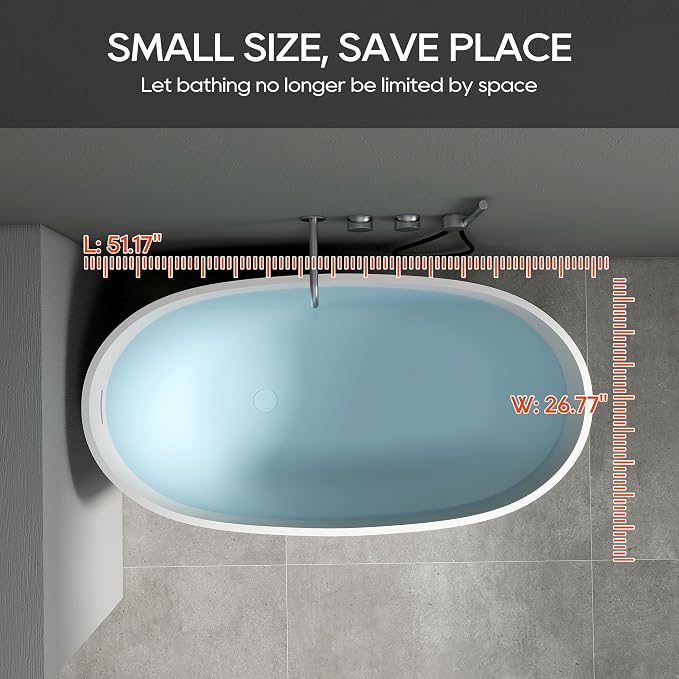 SJ STAR&JANE 51" Solid Surface Freestanding Bathtub, Stone Resin Oval Soaking - Image 6