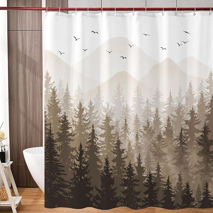 Aipon Brown Misty Forest Shower Curtain Ombre Nature Tree Plants Shower - Image 5