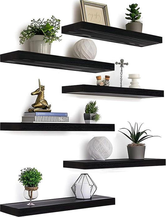 Black Wood Floating Shelves for Wall Rustic Wall Shelves for Bedroom Set of 6 by Unknown