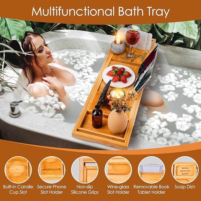 Foldable Bathtub Caddy Tray, Bamboo Bath Tub Tray Table - Image 2