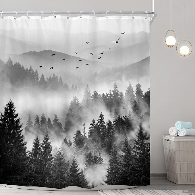 Riyidecor Extra Long Black and White Shower Curtain 72Wx84H Inch Misty Nature - Image 2
