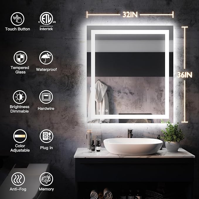 ISKM 32''x36'' LED Mirror for Bathroom Lighted Vanity Mirror for Wall Front - Image 7