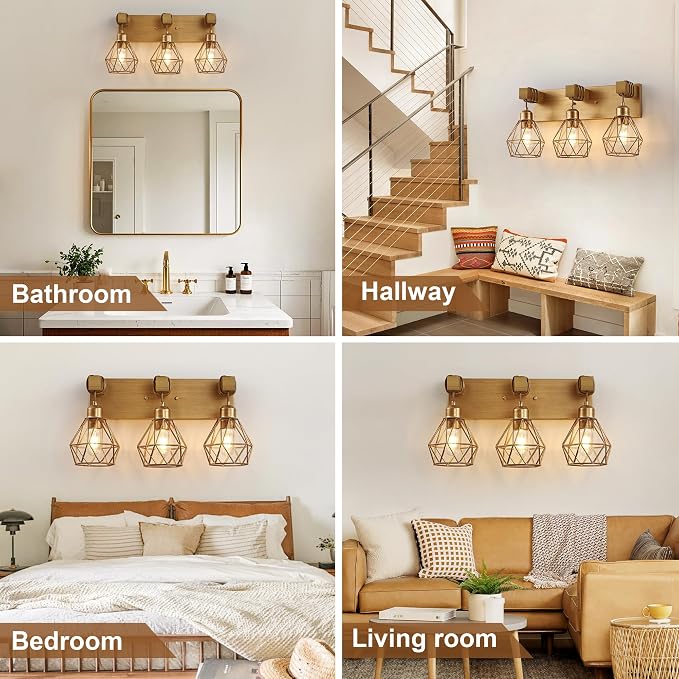 Farmhouse Bathroom Light Fixtures, 3-Light Gold Bathroom Vanity Light, Rustic - Image 7