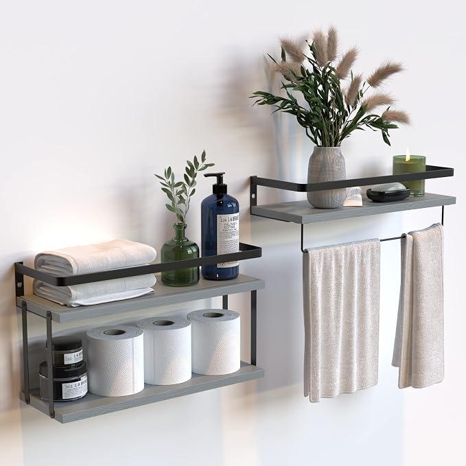 RICHER HOUSE 2+1 Tier Wall Mounted Floating Shelves Set of 2, Rustic Wood Wall by RicherHouse