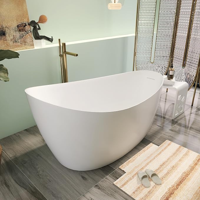Premium Unique 65" Solid Surface Freestanding Tub, Upgraded Matte White Stone - Image 4