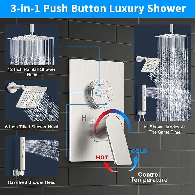 Shower Faucet Set, 3-Setting Push Button Brushed Nickel Shower System, 12 Inch - Image 3