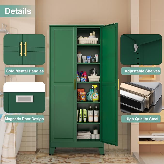 Metal Pantry Cabinet with 2 Doors and 5 Adjustable Shelves, Versatile Storage - Image 3