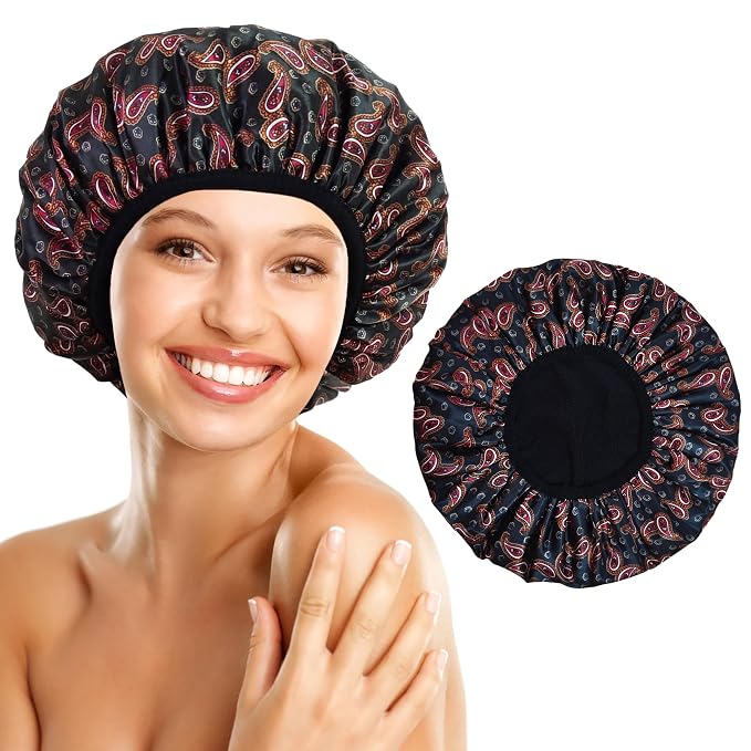 Shower Cap Reusable Waterproof, Terry Lined Shower Caps by choshion