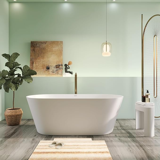 63" Premium Solid Surface Freestanding Bathtubs, Upgraded Oval Stone Resin by HIGEINE