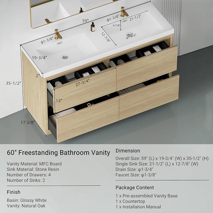 60" Freestanding Bathroom Vanity - Image 2