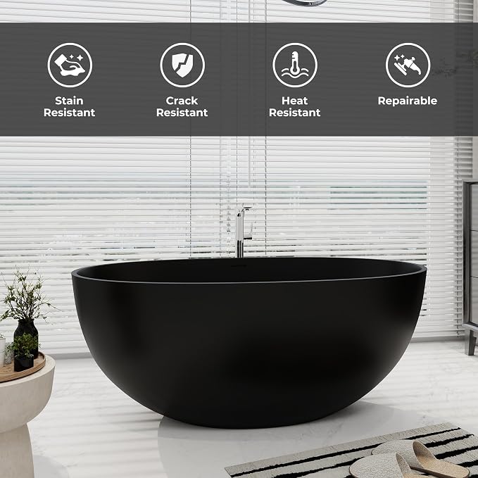SJ STAR&JANE 55" Solid Surface Freestanding Bathtub, Stone Resin Oval Soaking - Image 7