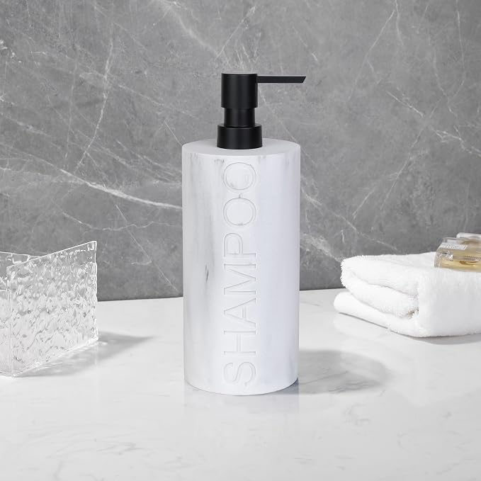 Resin White Marbled Shampoo Engraved Bottle Refillable Pump Dispenser, Durable - Image 9
