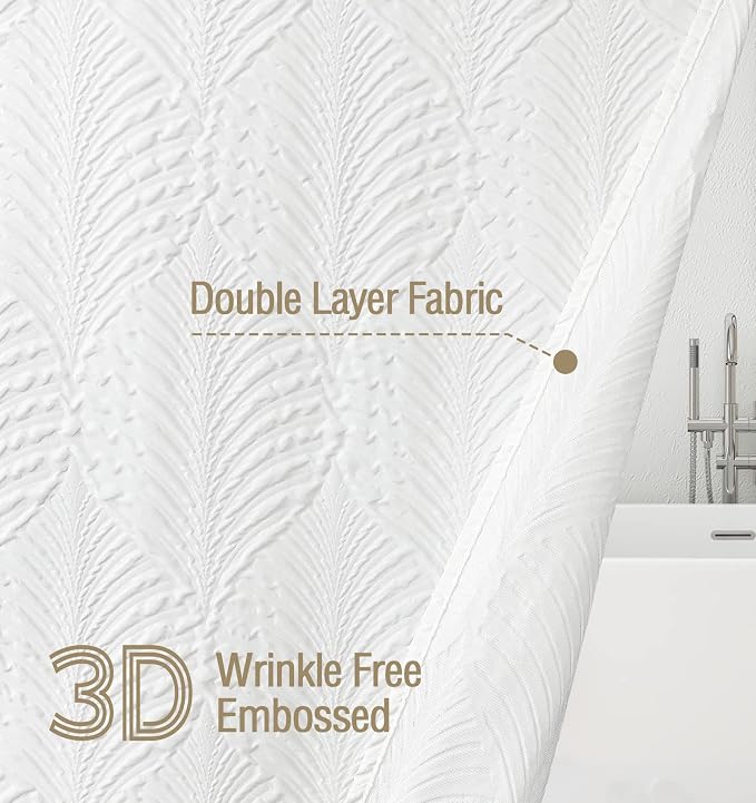 Gibelle Long Shower Curtain 72 x 78, Tall 3D Embossed Textured White Fabric - Image 5