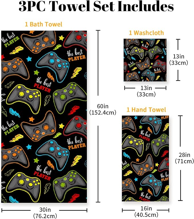 Gaming 3 Piece Towel Bathroom Sets, 1 Bath Towel, 1 Washcloth, 1 Hand Towel - Image 2