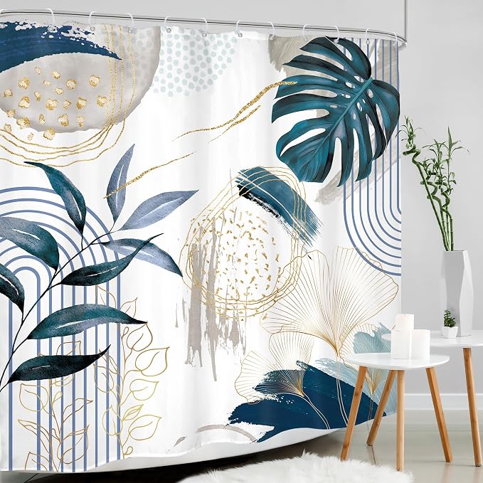 Navy Blue Boho Shower Curtain 72Wx72H Modern Mid Century Abstract Gold Tropical - Image 3
