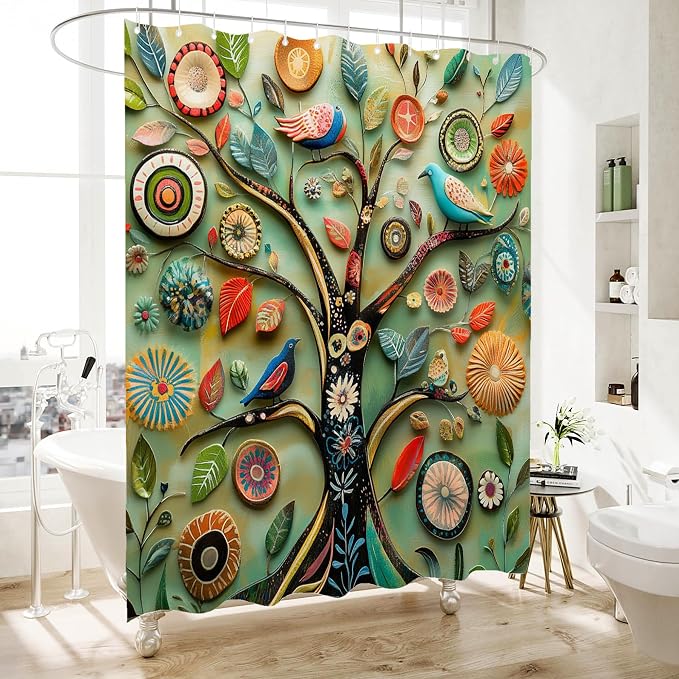 Bohemian Shower Curtain, Boho Floral Print Water Repellent Polyester Fabric - Image 2